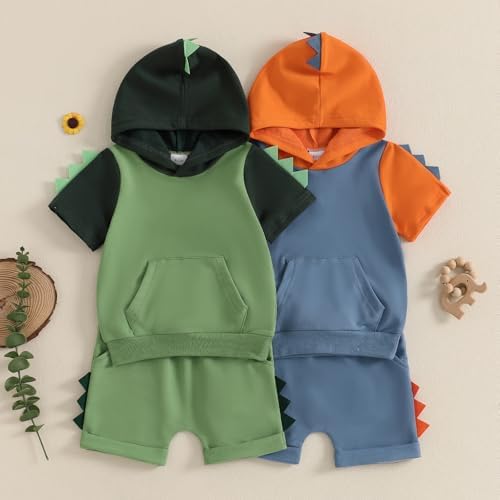 Toddler Baby Boy Hooded Dinosaur Summer Outfit Funny T-Shirt Shorts Set - Image 3