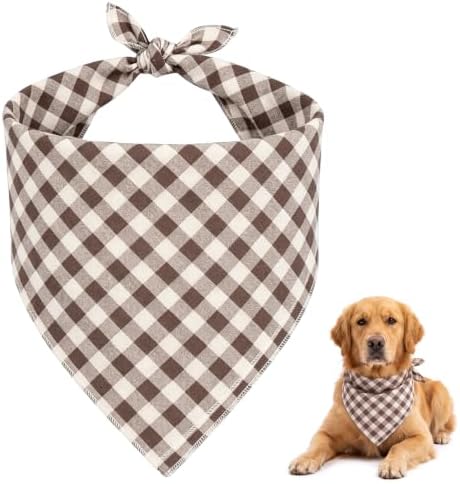 Khaki Gingham Dog Bandana, Cotton Linen Adjustable Triangle Dog Scarf Plaid Pet by Unknown
