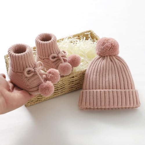 Baby Hats and Booties Set Newborn Knit Pompom Beanie Caps Shoes Winter - Image 5