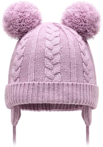 Duoyeree Toddler Winter Hat, Earflap Double Pom Pom Knit Beanie 0-36M by Duoyeree