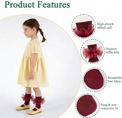 Girls Ruffle Socks Double Lace Turn Cuff Frilly Church Dress Socks - Image 4