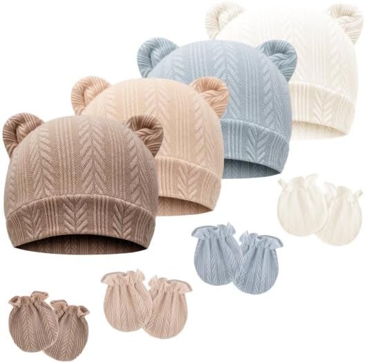 Newborn Baby Hat and Mittens Set Bear Ears Toddler Infant Beanie Caps Newborn by AQOKKA