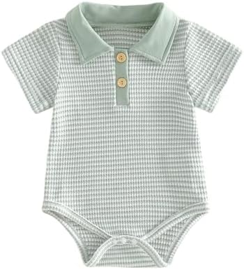 VISGOGO Baby Boy Striped Romper Waffle Short Sleeve Button Oversized Bodysuit by VISGOGO