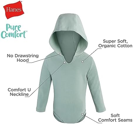 Hanes Baby Pure Comfort Long Sleeve Hoodie Bodysuits, Infant Bodysuits - Image 3
