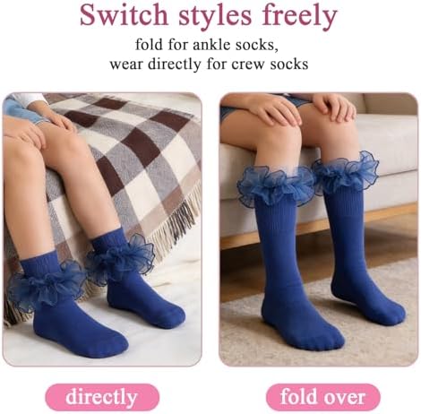 Girls Ruffle Socks Double Lace Turn Cuff Frilly Church Dress Socks - Image 6