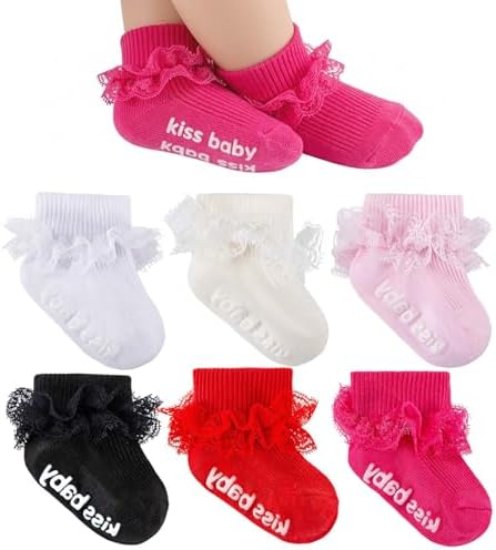 Baby Girl Ruffle Socks with Grips Lace Frilly Ankle Dress Socks by MKYSZLTSOCKS-EnjoyComfort