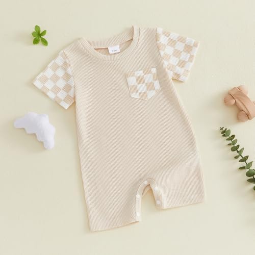 Newborn Baby Boy Girl Clothes Checkered Plaid Romper Waffle Knit Short Sleeve - Image 3