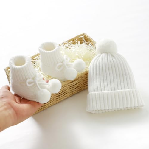 Baby Hats and Booties Set Newborn Knit Pompom Beanie Caps Shoes Winter - Image 5