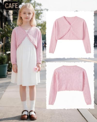 Girls Cardigan, Girls Bolero Shrug Sweater, Kids Knit Hollow Out Long Sleeve - Image 6
