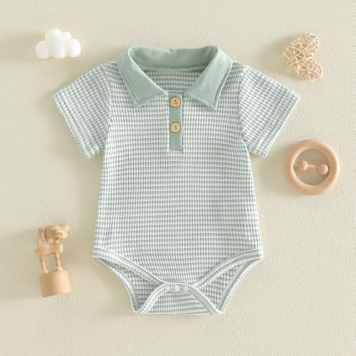 VISGOGO Baby Boy Striped Romper Waffle Short Sleeve Button Oversized Bodysuit - Image 4