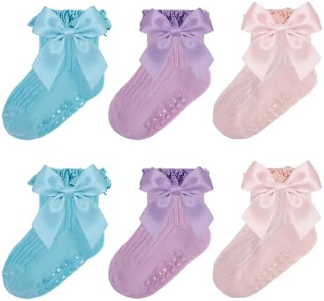 Baby Girl Socks, Ruffle Grip Bows, Toddler Newborn Infant, 6 Pairs by Unknown