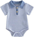 VISGOGO Baby Boy Striped Romper Waffle Short Sleeve Button Oversized Bodysuit by VISGOGO