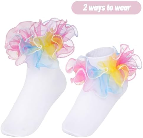 Topbuti 4 Pairs Baby Girls Ruffle Socks Double Lace Frilly Turn Cuff Cotton - Image 5