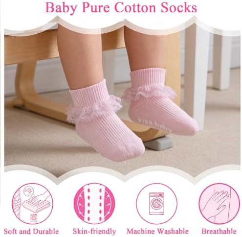 Baby Girl Ruffle Socks with Grips Lace Frilly Ankle Dress Socks - Image 3