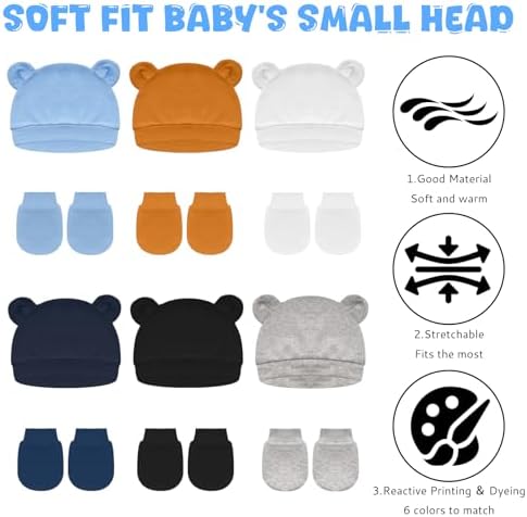 Newborn Baby Hats and Mittens Set Bear Ear Baby Beanie No Scratchs Gloves - Image 4