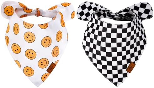 JarThenaAMCS 2Pcs One Happy Dude Dog Bandana Boho Smile Face Checkerboard Print by JarThenaAMCS