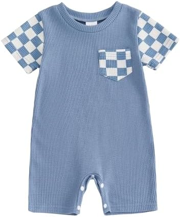 Newborn Baby Boy Girl Clothes Checkered Plaid Romper Waffle Knit Short Sleeve by Doqcey