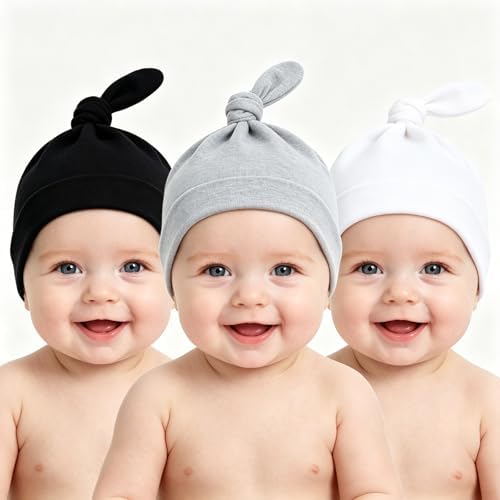 LAWKUL Cotton Baby Newborn Hats Set, 3 Pack, 0-6 Months - Image 2
