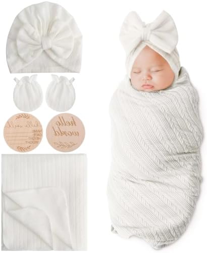 AQOKKA Newborn Receiving Blanket Wheat Ear Bow Hat Mitten Set | 4 Set Receiving by AQOKKA