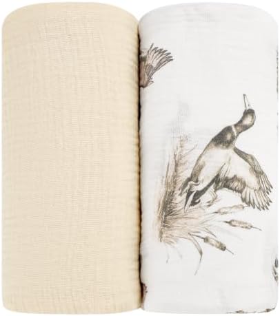 Muslin Swaddle Blankets for Girls Boys 2 Pack, Duck & Beige by CARUILI