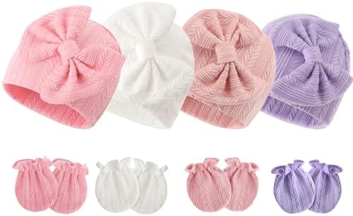 Newborn Baby Hats and Mittens Set Infant Bow Beanie Cap Toddler Gloves Newborn by AQOKKA