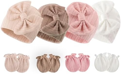 Newborn Baby Hats and Mittens Set Infant Bow Beanie Cap Toddler Gloves Newborn by AQOKKA