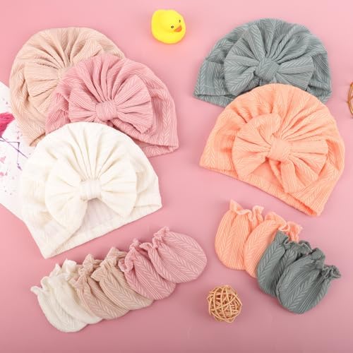 BQUBO Baby Turban Hats and Mittens Set Newborn Infant Hospital Hats Caps - Image 7