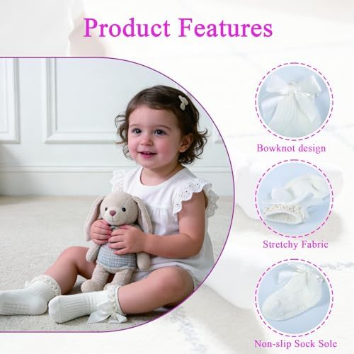 Baby Girl Socks, Ruffle Grip Bows, Toddler Newborn Infant, 6 Pairs - Image 5