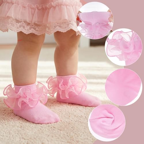Topbuti 4 Pairs Baby Girls Ruffle Socks Double Lace Frilly Turn Cuff Cotton - Image 3