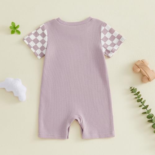 Newborn Baby Boy Girl Clothes Checkered Plaid Romper Waffle Knit Short Sleeve - Image 4