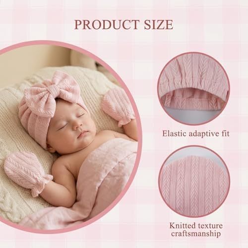 Newborn Baby Girl Hat Mittens Preemie Soft Hospital Bow Hats Beanie No Scratch - Image 2