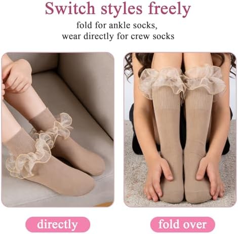 Girls Ruffle Socks Double Lace Turn Cuff Frilly Church Dress Socks - Image 6