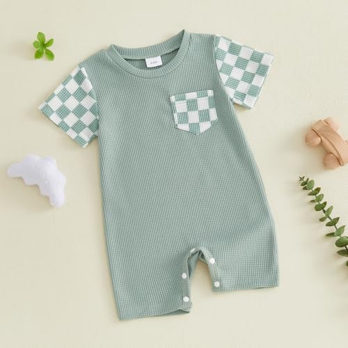 Newborn Baby Boy Girl Clothes Checkered Plaid Romper Waffle Knit Short Sleeve - Image 3