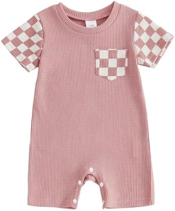 Newborn Baby Boy Girl Clothes Checkered Plaid Romper Waffle Knit Short Sleeve by Doqcey