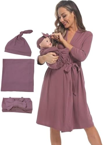 Maternity Robe with Matching Swaddle Blanket Set, Maternity Barhrobe Delivery by QTECLOR