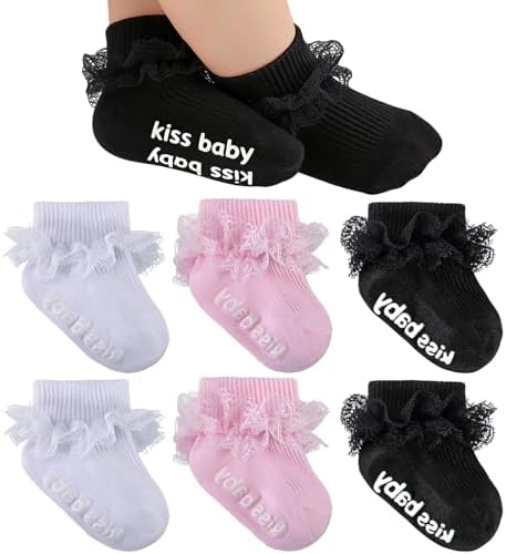 Baby Girl Ruffle Socks with Grips Lace Frilly Ankle Dress Socks by MKYSZLTSOCKS-EnjoyComfort