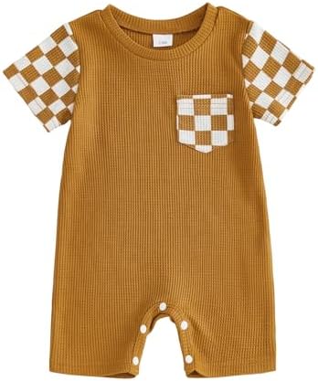 Newborn Baby Boy Girl Clothes Checkered Plaid Romper Waffle Knit Short Sleeve by Doqcey