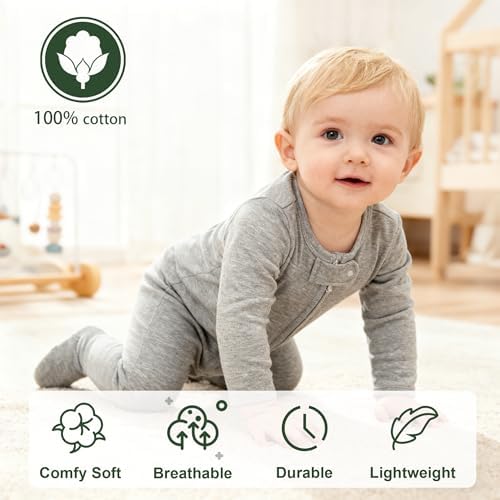 Hikido Baby Romper 100% Organic Cotton Pajamas One Piece Long Sleeve Zipper - Image 2