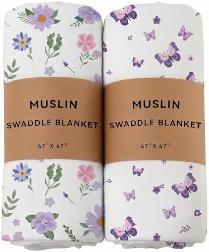 2 Pack Pink Bow Muslin Swaddle Blankets 100% Cotton Breathable Receiving by REZIPO