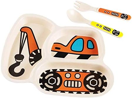 Kid Plate Set Toddler Plates Dinnerware Dinner Dish Set Baby Feeding Spill Proof Divided Plate - Baby Spoon and fork 3-Piece Set Teaches Child Portion Control (excavator/crane)