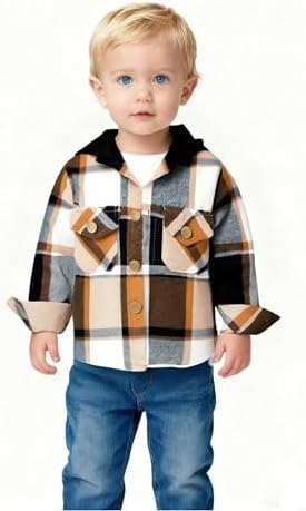 YOUNGER STAR Toddler Kids Boys Girls Flannel Hooded Plaid Shirt Button Baby Red - Image 2