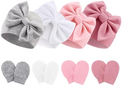 Newborn Baby Hats and Mittens Set Infant Bow Beanie Cap Toddler Gloves Newborn by AQOKKA
