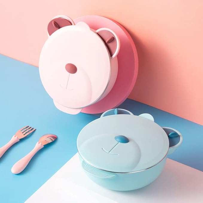 Stainless Steel Baby Feeding Bowl, Toddler Suction Plate with Lid Spoon and Fork, Perfect for Children (Pink)