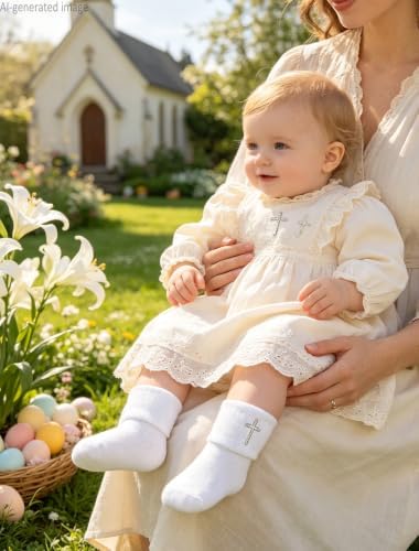Baptism Socks for Baby Newborn White Turn Cuff Cross Socks, Toddler Ruffle Sock - Image 2
