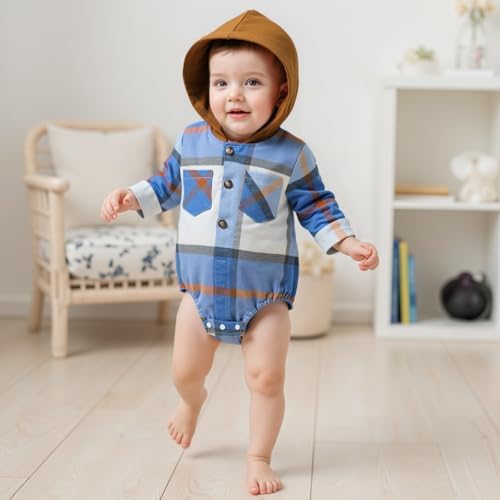Douhoow Baby Boy Hooded Romper Long Sleeve Boy Plaid Hoodies Baby Jacket Infant - Image 5