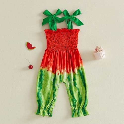 Baby Girl Watermelon Outfit Sleeveless Bubble Romper Strawberry Print Smocked - Image 6
