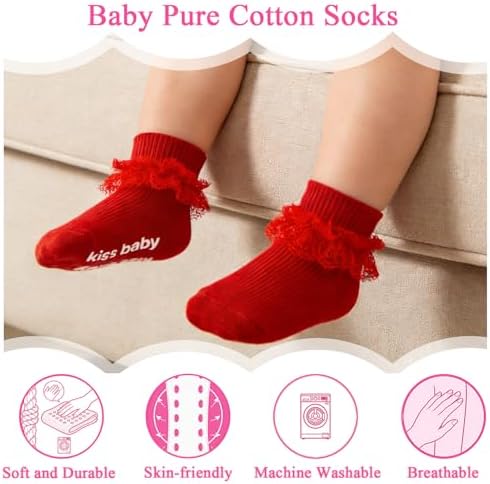 Baby Girl Ruffle Socks with Grips Lace Frilly Ankle Dress Socks - Image 3