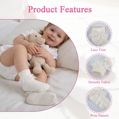 Baby Girl Ruffle Socks with Grips Lace Frilly Ankle Dress Socks - Image 4