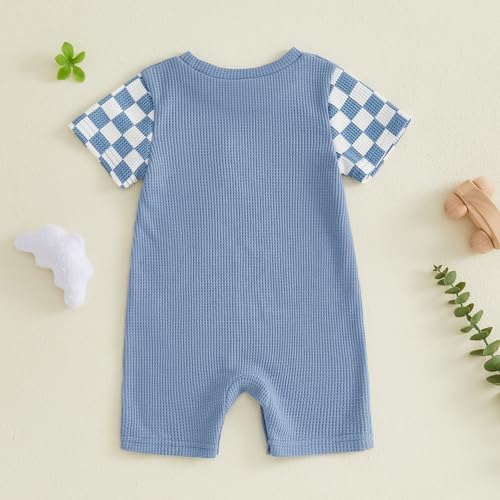 Newborn Baby Boy Girl Clothes Checkered Plaid Romper Waffle Knit Short Sleeve - Image 5