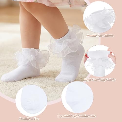 Topbuti 4 Pairs Baby Girls Ruffle Socks Double Lace Frilly Turn Cuff Cotton - Image 5